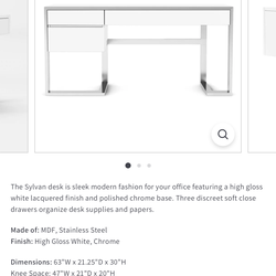 Modern White High Gloss Lacquer Desk with Chrome Base – 3 Drawers