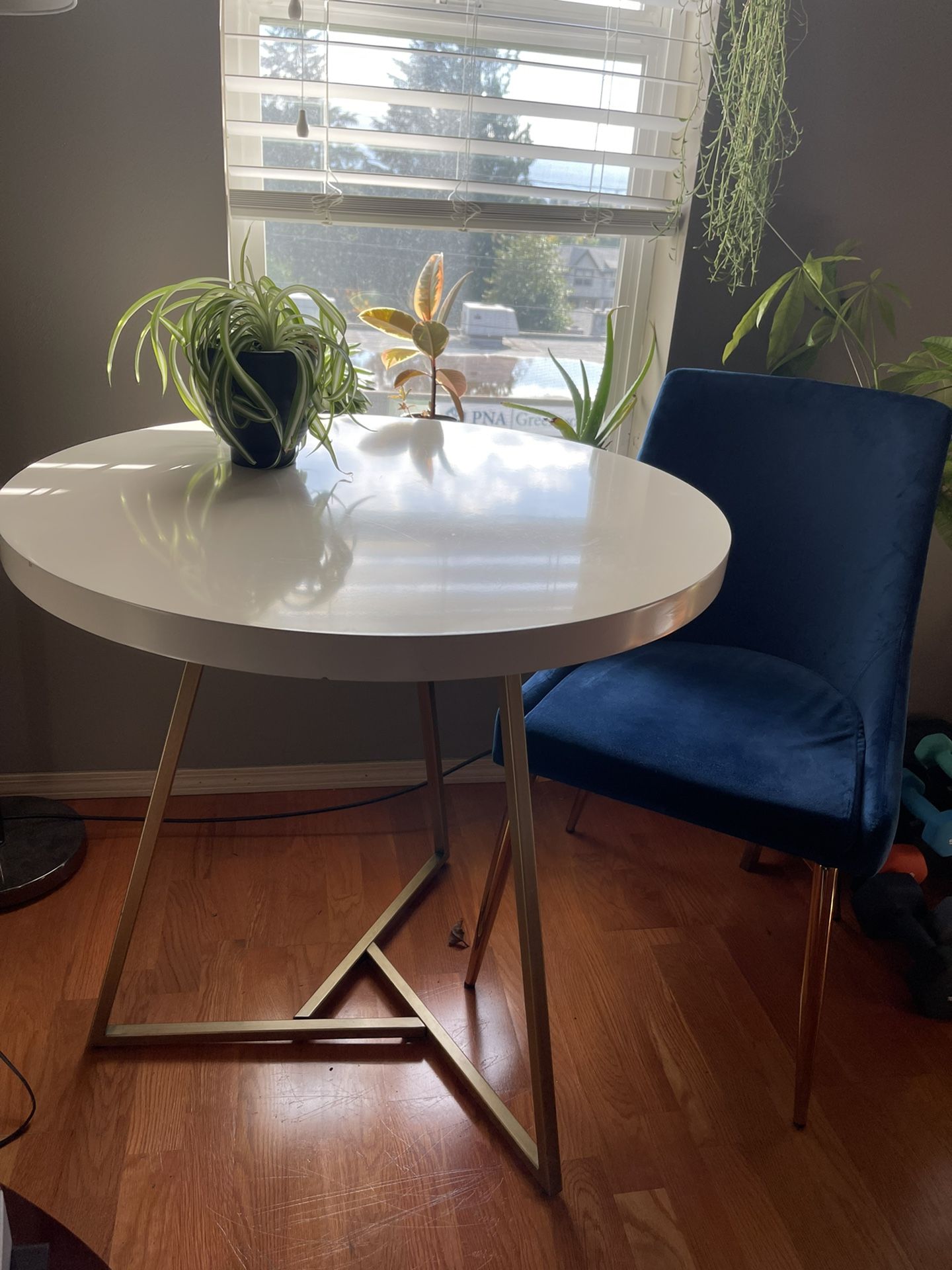 West Elm Bistro Table W/ 2 Royal Blue Chairs