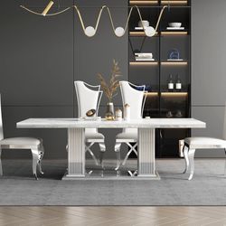 Contemporary Dining Table - White Marble Top With Stainless Steel Double Pedestals