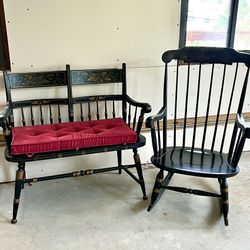 Hitchcock-style Deacon’s Bench & Matching Rocking Chair Solid Wood