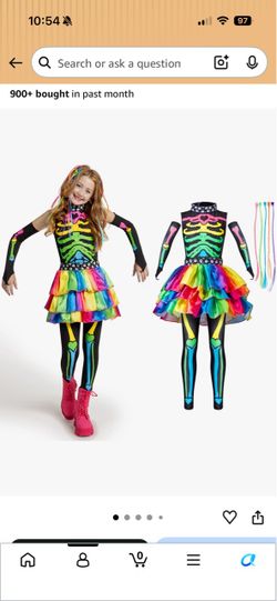 Girls Neon Skeleton Halloween Costume Set, Size Small 5-7 years