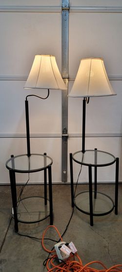 Pair of Black Metal & Glass Floor Lamp End Tables (54” Tall)