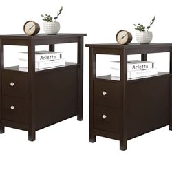 ZENYâ„¢ Set of 2 Narrow End Tables Slim Sofa Side Tables with 2 Drawer