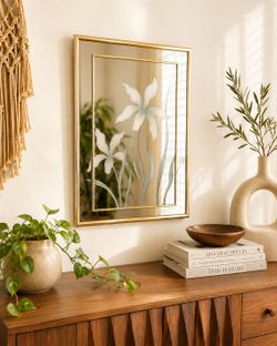 Mid Century Marsel Large Wall Hanging Mirror 22x29” Regency Etched Gold Frame Art Artwork