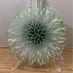 Art glass trinket dish clear with various greens 7 inches