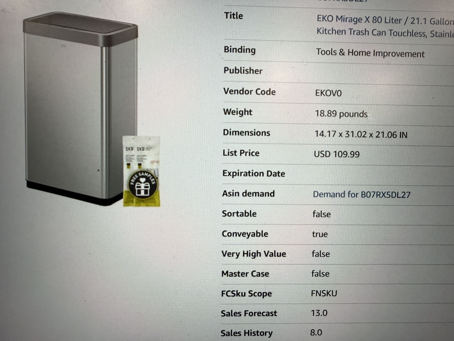 EKO Mirage X 80 Liter / 21.1 Gallon Kitchen Trash Can Touchless, Stainl