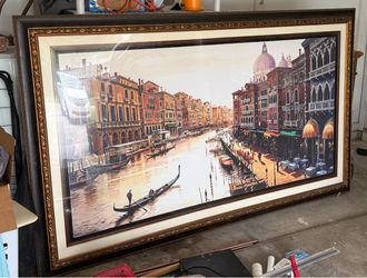 Huge Framed Venice Grand Canal Print, 93" x 57" (Gondola Art, Gold & Dark Wood Frame)