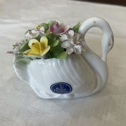 Vintage Royal Dalton Swan, Bone China Figure with Intricate Colorful Bouquet of Flowers made in England.