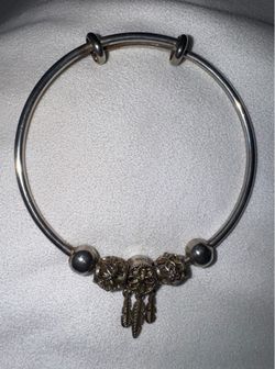 Vintage Pure Sterling Silver Bangle Bracelet with Mixed Charms, marked 999