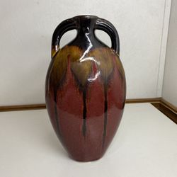 GLAZED MULTI BROWN POTTERY VASE 11" TALL