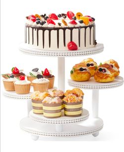 4 Tier Round Cupcake Tower Stand Beaded, Wood Cake Stand with Tiered Tray Decor
