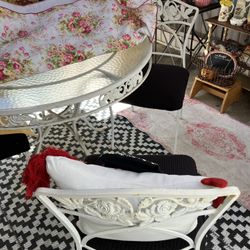 VINTAGE SHABBY CHIC Wrought Iron Tempered Glass Table & Newly Covered Chairs