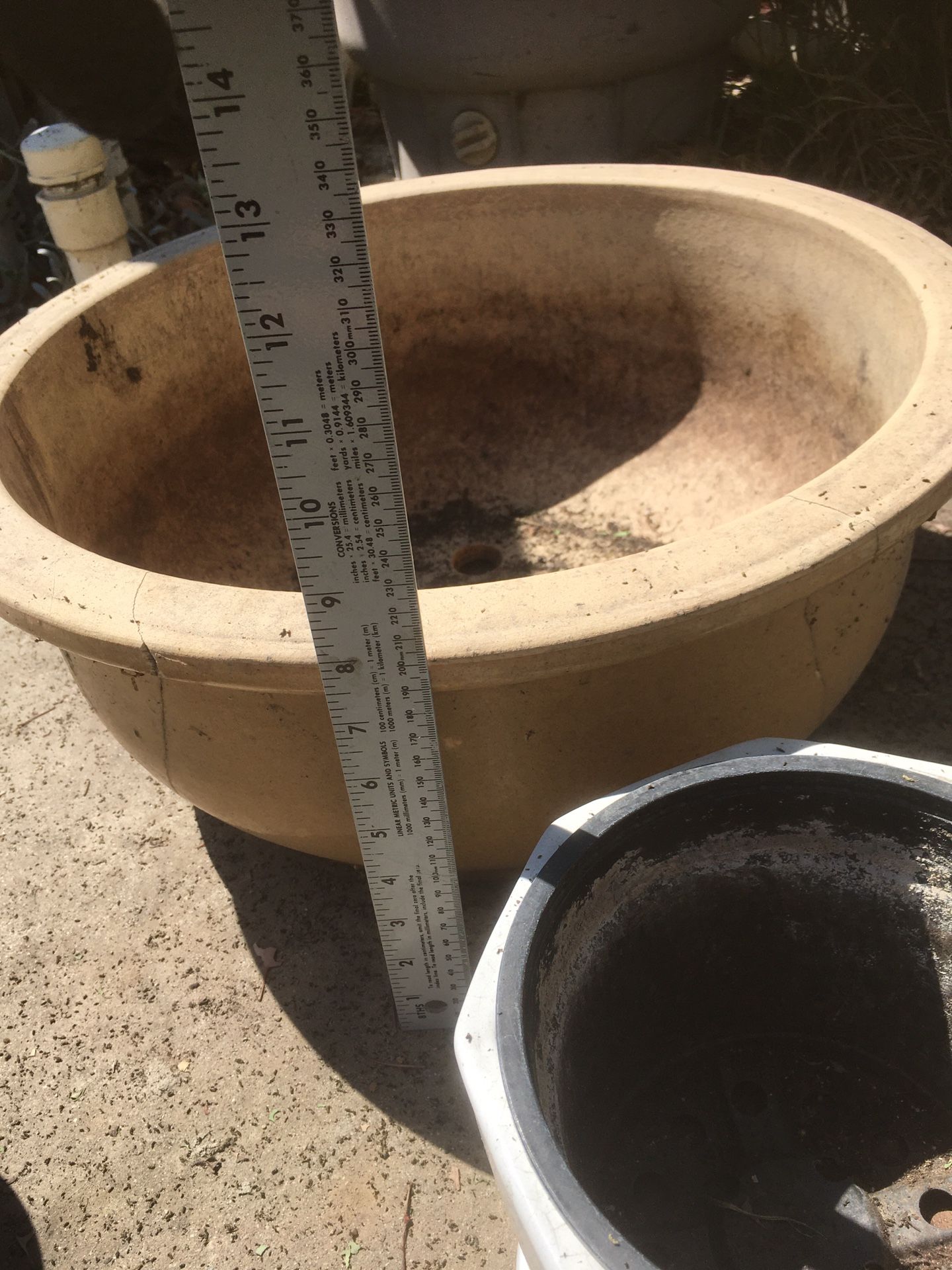 wide shallow heavy cracked ceramic flower pot planter