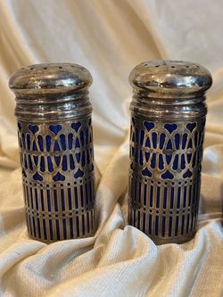 Silver Overlay Cobalt Blue Glass Salt and Pepper Shakers