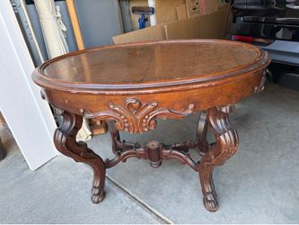 Antique Carved Wood Oval Parlor Table with copper top