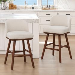 Set of 2 Bar Stools, 27.6" Wooden Legs, Fabric in Linen