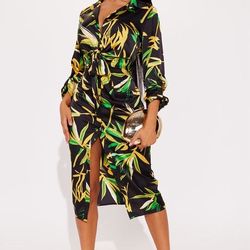 Tropical Satin Shirt Dress ! Size Medium 