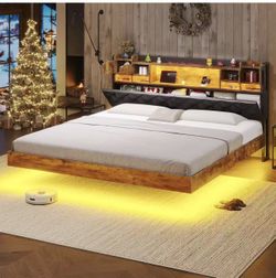 Floating Bed Frame King Size with Storage Headboard, King Size Bed Frame with LED Lights and Charging Station, Floating Platform Bed, No Box Spring Ne