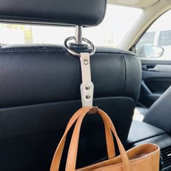White Premium Car Headrest Hook – Leather & Stainless Steel