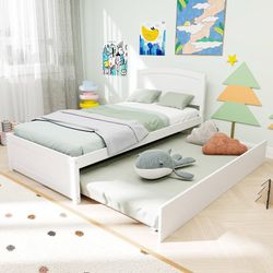 Twin Trundle Bed, Solid Wooden Pull Out Bedframe, Extendable Day Bed with Headboard and Soild Wood Slats Support, Bedroom, Living Room, Guest Room, No