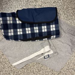 (2) Blankets Picnic Travel Throw Blue Plaid & Gray Fleece Car Pet Outdoor 