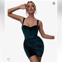 New Sexy Ruched Velvet Bodycon Shirt Mini Cocktail Club Evening Dark Green Dress Sz- Médium