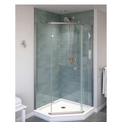 Delta Classic 38 in. W x 72 in. H Neo-Angle Pivot Semi Frameless Corner Shower Enclosure in Stainless