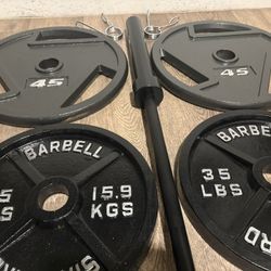 NEW Olympic Equipment: 6 ft Black Barbell With Weight Plates: 45s to 2.5s Total: 283 lbs