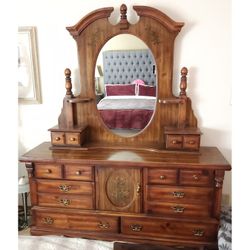 Vintage Wood Long Dresser With Detachable Mirror Topper