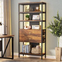 Bookshelf with 2 Drawers, 5-Tier Tall Bookcase with LED Light, Open Storage Display Shelf Freestanding Book Shelves for Living Room, Bedroom, Home Off