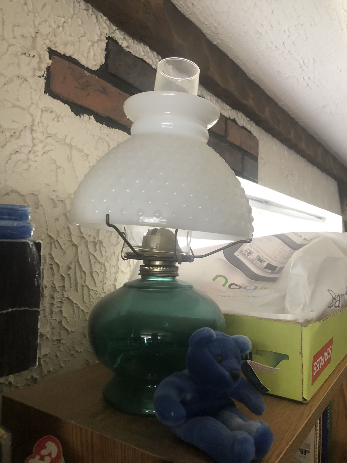 Vintage kerosene lamp milk glass top blue green bottom