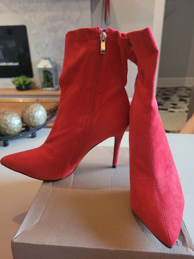 Size 9 Suede Red Boots/heels **Pick Up As Well