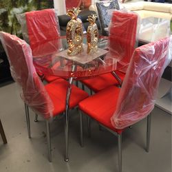 New Red Round Glass Top Table 35”round With 4 Chairs 