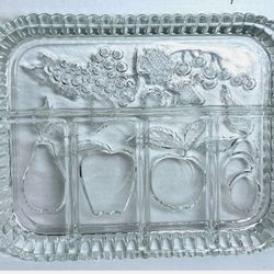 Clear Glass Sectioned Tray Charcuterie Board with Embossed Fruit Design & Handle