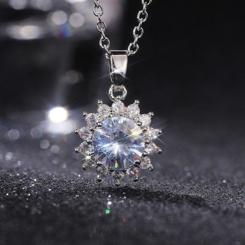 "Shiny Round Sun Flower CZ Silver Romantic Necklace for Women, VP1100