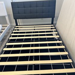 Full Bed Frame – Upholstered Platform with Headboard, Strong Wooden Slats – Dark Gray