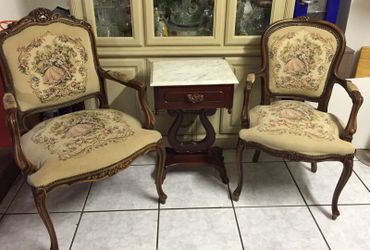 Antique NeddlePoint Chairs & table with marble top