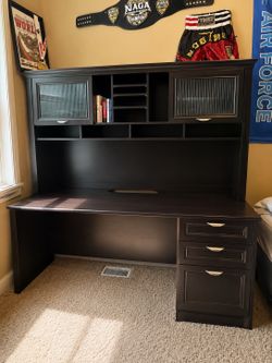Executive Desk with Hutch & Frosted Glass Cabinets – Dark Espresso