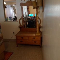 Antique Furniture Dresser/Mirror, Bamboo Lamp For Sale