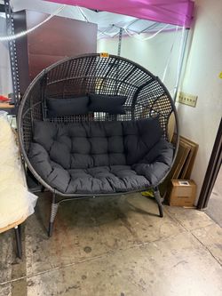 New Double Birdcage Lounge Chair 600 lbs Capacity Indoor Outdoor Wicker Double Egg Chair Set w/ Ottoman Footrest