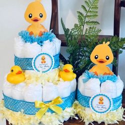 RUBBER DUCKY DUCK blue yellow baby shower diaper cakes