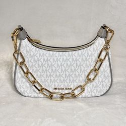 Michael Kors Leather Cora Medium Zip Pouchette Shoulder Bag Bright White