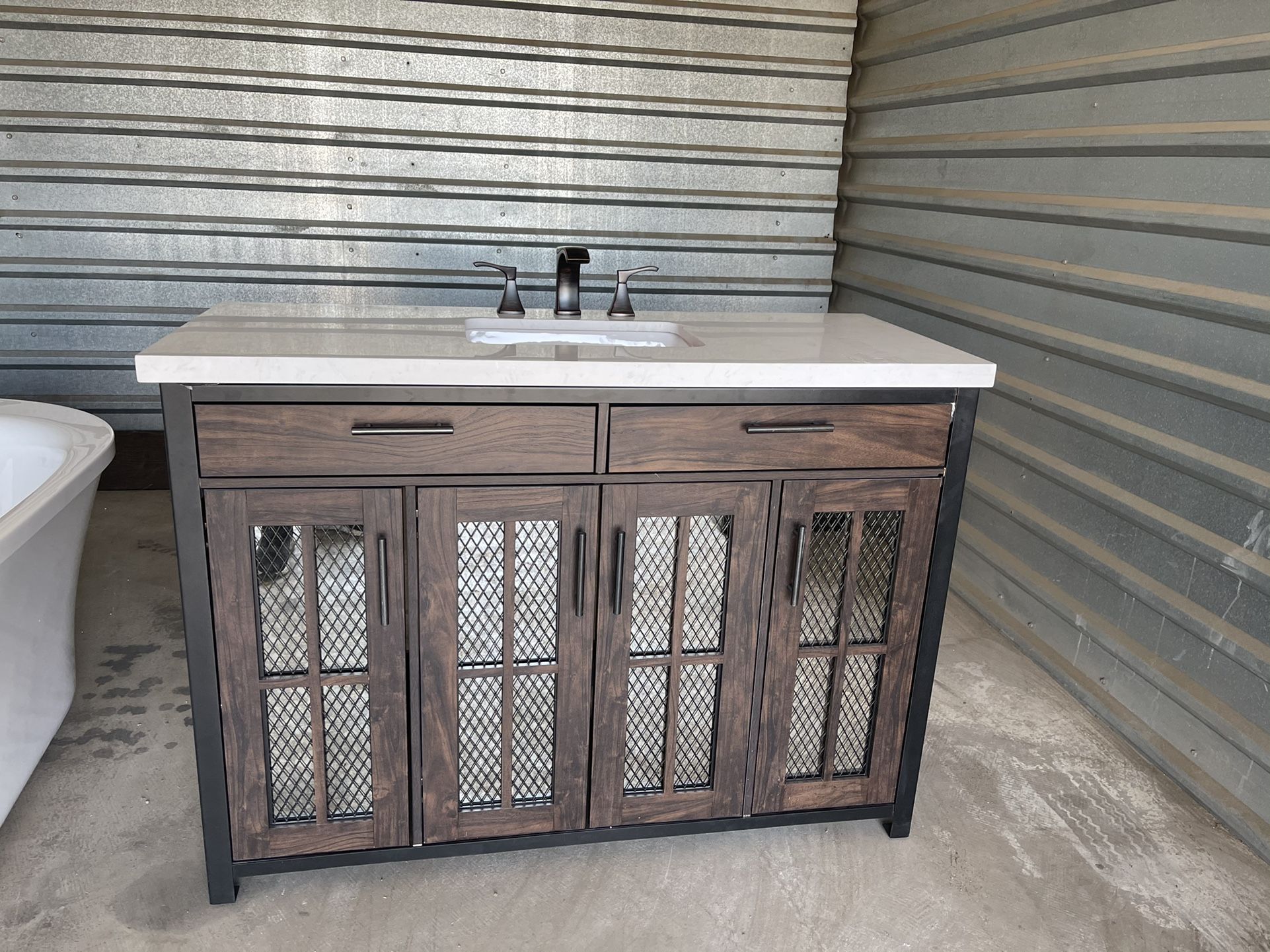 Home Decorators Collection Drysdale 48 in. Wx 34.5 in. H Bath Vanity in Sable with Engineered Stone Vanity Top in Lgt Vein Carrera with White Basin