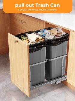 B574 $60  Pull Out Trash Can Under Cabinet, 35 QT x2 Under Sink Trash Can Waste Container with Soft-Close Slides, Heavy Duty Garbage Recycling Bin for