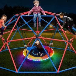 Climbing Dome Swing Set with LED Saucer Swing, Jungle Gym for Kids Outdoor Backyard, Supports 800lbs, Easy Asssembly, Rust-Resistant Outdoor Playset f
