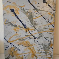 Abstract Pour Painting Gold Blue Grey Art