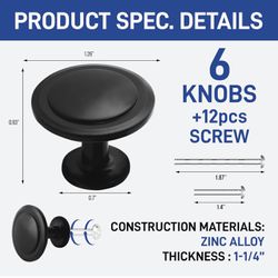 Kitchen Cabinet Knobs - 6 Pieces ¼ Inches Modern Stylish and Elegant Zinc Alloy W/adjustable Screws