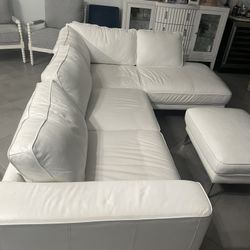 White Leather Sectional Couch & Ottoman