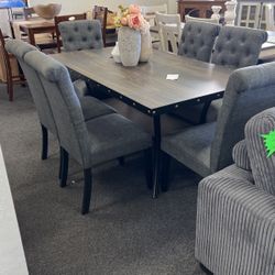 Dining Table With 6 Chairs In Dark Grey Linen