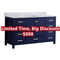 60 inch Blue Single Sink Vanity,  Single sink bathroom vanity with white engineered wood top